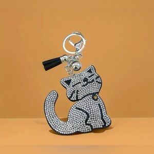 Cat Bling Rhinestone Keychain with Black Accents
